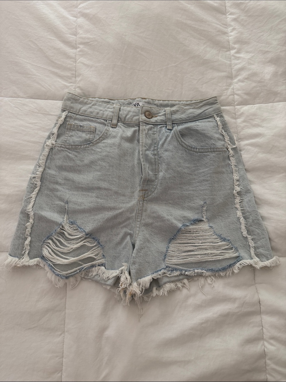Zara Light Blue Distressed Denim Shorts